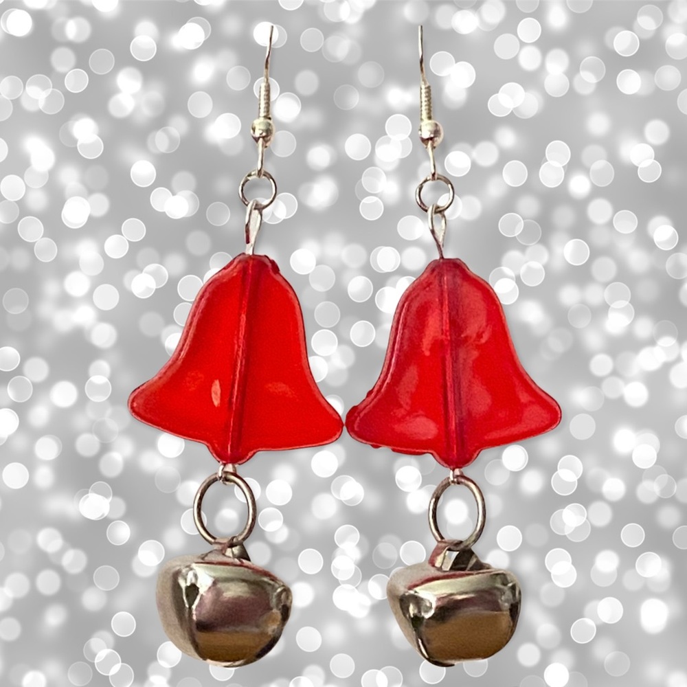 Hand Crafted Earrings Jingle Bell Dangle Silver Red Jewelry Christmas Pierced